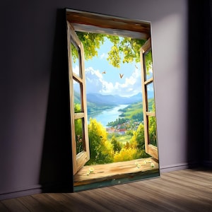 Peaceful Nature Window Canvas Painting – Ready to Hang Wall Art for Bedroom – Serene Gift for Nature Lovers and Calm Morning Vibes