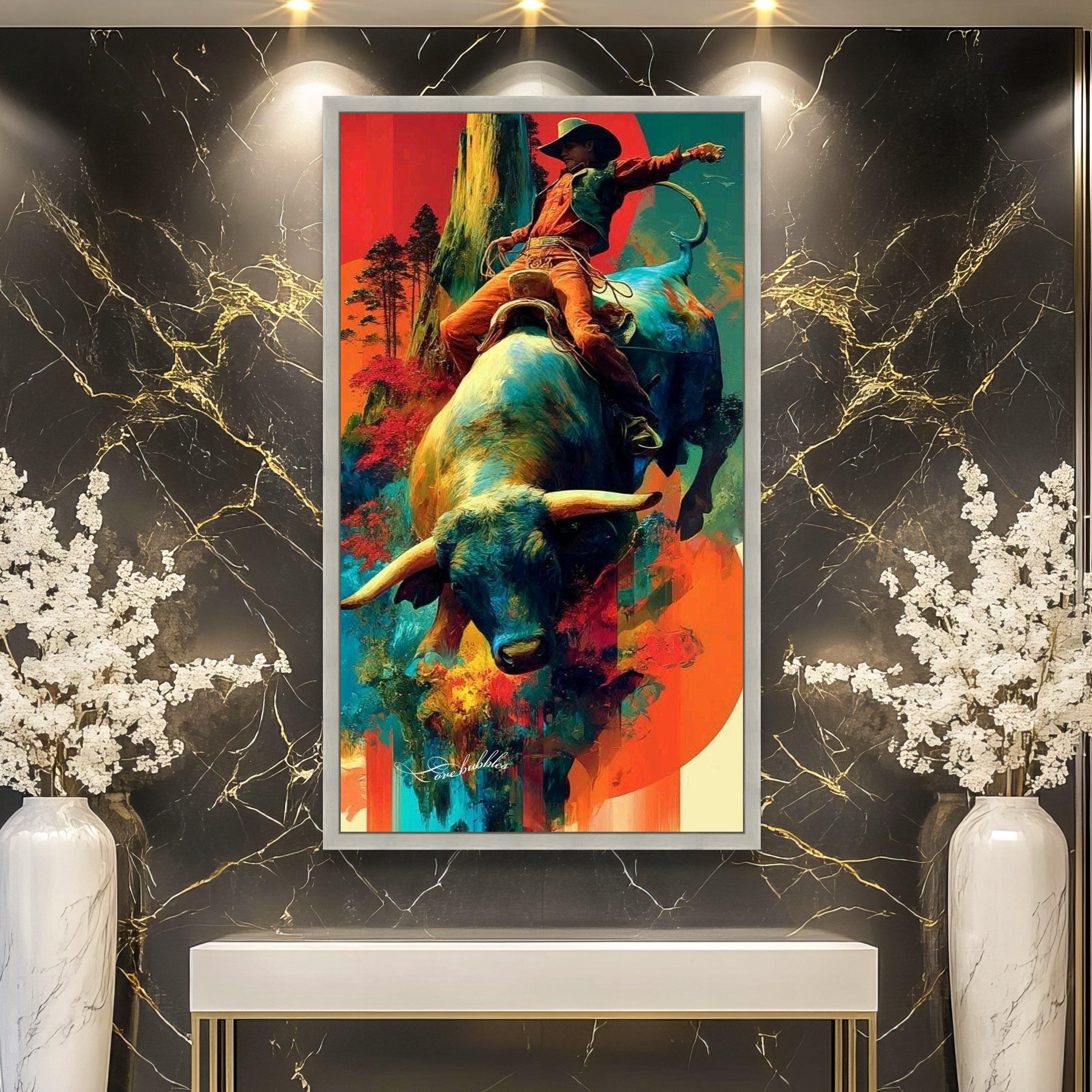 Rodeo Abstract Vibrant Cowboy Riding Bull Canvas, Western Rodeo Art, Colorful Abstract ...