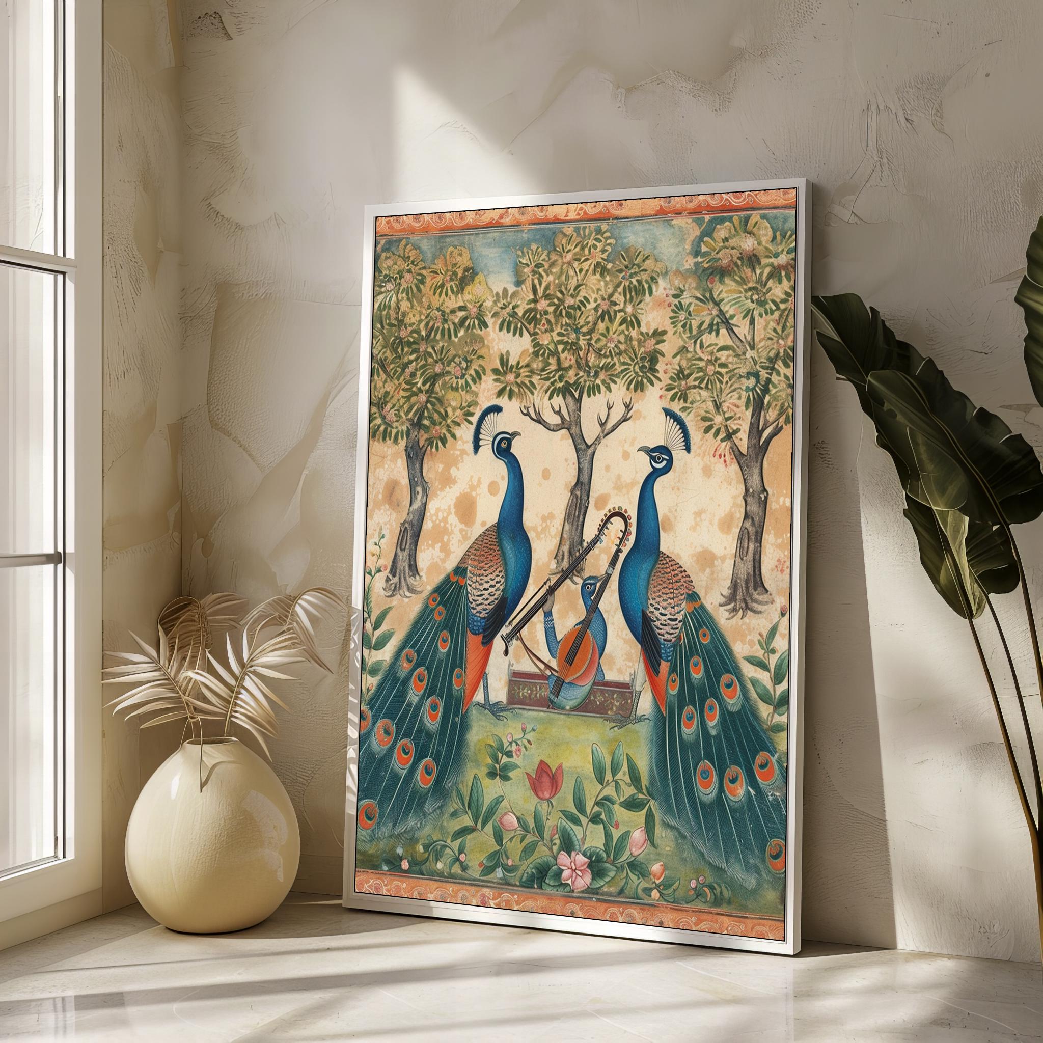 Exquisite Ragamala-Inspired Canvas Art - Traditional Indian Peacocks with Musical Instruments, Perfect Cultural Gift, Vintage Wall Decor