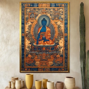 Buddha Buddha Gemälde, Lebendiges tibetisches Wandbild mit Blauem Medizin Buddha, spirituelles Zen-Dekor, Heiliges Mandala-Kunstwerk, Achtsame Geschenkidee