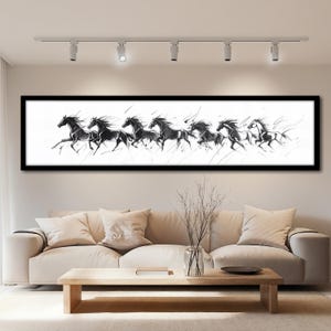 Laufende Pferde Leinwand Gemälde, großes Schwarz Weiß Wandbild, Pferde Leinwand, Panorama Pferde Kunstwerk, modernes Pferde Dekor, Geschenkidee