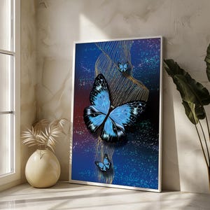 Incantevole dipinto su tela con farfalla blu e accenti dorati, elegante arte astratta per l&#39;arredamento moderno della casa e regali unici