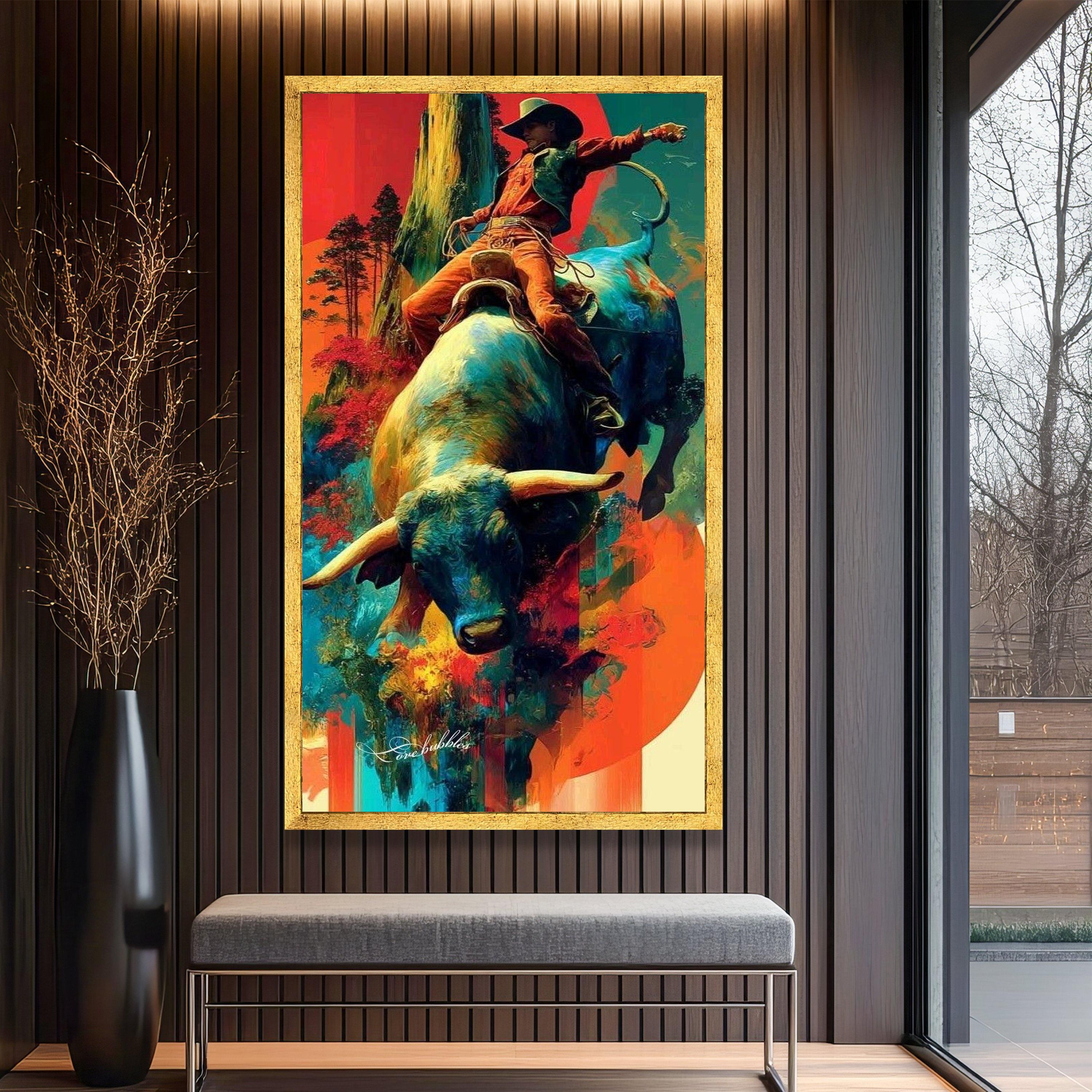 Vibrant Cowboy Riding Bull Canvas, Western Rodeo Art, Colorful Abstract ...
