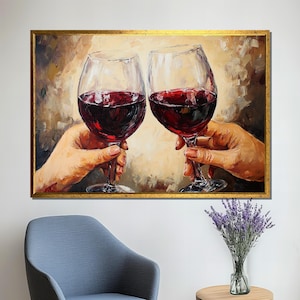 Wine Glass Canvas Painting, Romantic Couple Wall Art with Red Wine, Elegant Hand Detail Artwork for Dining Room, Art Gift Idea