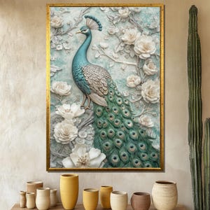 Elegant Peacock Canvas Painting, Floral Wall Art, Luxury Bird Decor, Peacock Artwork, Large Living Room Decor, Ready to Hang, Unique Gift