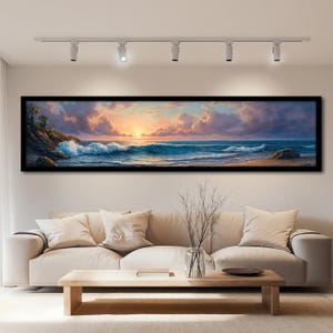 Ocean Sunset Canvas Painting, Large Panoramic Seascape Art, Coastal Beach Wall Decor, Tranquil Waves Artwork, Nautical Home Gift