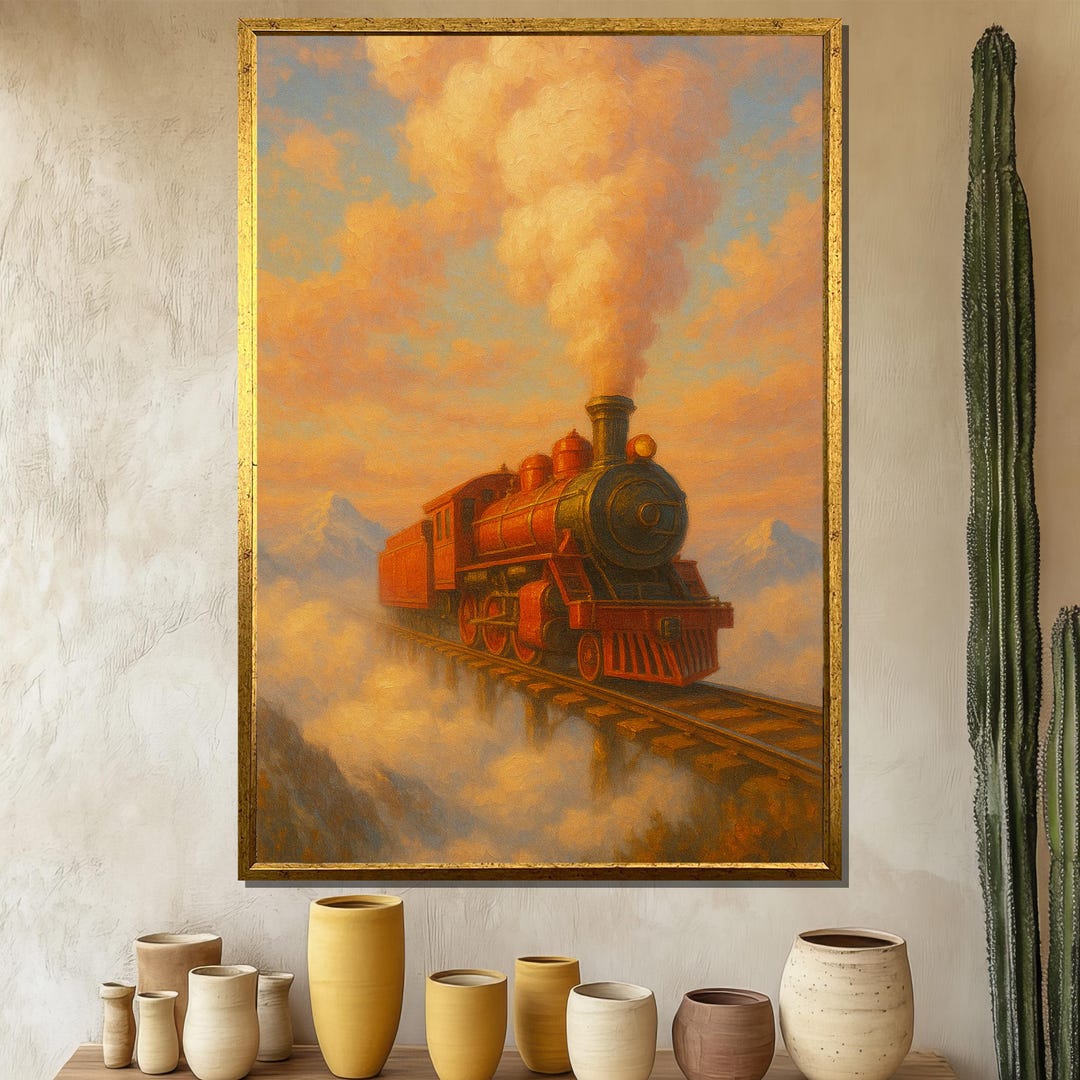 Vintage Train Canvas Painting, Steampunk Locomotive Wall Art, Dreamy ...