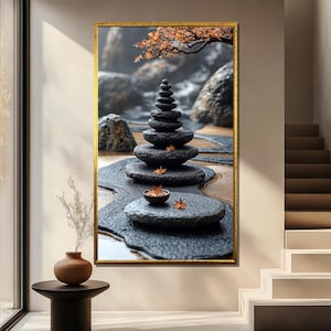 Zen Stone Stack Canvas Painting, Tranquil Meditation Wall Art, Japanese Garden Decor, Mindfulness Balance Print, Relaxing Gift