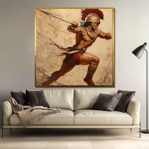 Spartan Warrior Canvas Painting, Ancient Greek Gladiator Wall Art, Epic Battle Scene Decor, Historical Warrior Print, Spear Fighter Artwork