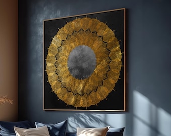 Mandala de hojas doradas sobre lienzo negro: arte abstracto lujoso con diseño intrincado: regalo perfecto para la decoración del hogar moderno