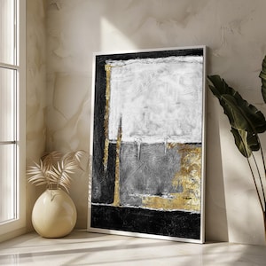 Black, White, and Gold Abstract Canvas Painting with Bold Geometric Patterns, Perfect for Modern Decor and Gifts