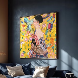 Lady with Fan by Gustav Klimt - Vibrant Art Nouveau Canvas Painting - Luxurious Home Decor and Unique Gift Idea