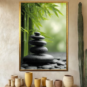 Zen Stones Canvas Painting, Bamboo Spa Wall Art With Balance Rocks, Tranquil Nature Decor For Meditation Room, Calming Art Gift Idea