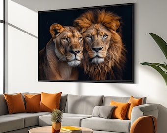 Regal Lion Couple Canvas Painting - Ideal Gift for Strength and Unity | Stunning Animal Wall Art