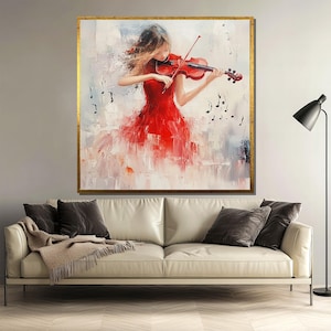 Violin Girl Canvas Painting, Abstract Red Dress Wall Art, Musical Theme Home Decor, Elegant Woman Playing Violin, Perfect Gift