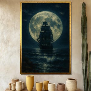 Full Moon Ship Canvas Painting, Dark Ocean Sailing Wall Art, Mysterious Pirate Ship Print With Night Sky Scene, Maritime Decor, Gift Idea