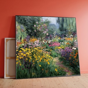 Lebendige Gartenweg Leinwand, Bunte Blumenfeld Wandkunst, Botanische Blumen Leinwand, Natur Landschaft Dekoration, fertig zum Aufhängen