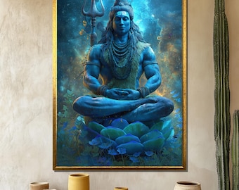 シヴァ神の瞑想キャンバス絵画、ヒンドゥー教の神の壁装飾、青い