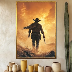 Western Cowboy Canvas Painting, Lone Gunman Wall Art, Wild West Desert Decor, Rustic Western Artwork, Vintage Frontier Gift for Him