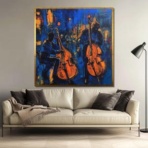 Jazz Music Canvas Painting with Double Bass Players, Blue and Orange Wall Art for Living Room Decor, Unique Art Gift for Music Lovers