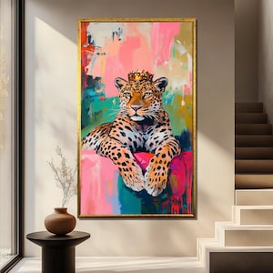 Leopard Canvas Painting with Crown, Colorful Jungle Wall Art, Abstract Leopard Home Decor, Modern Animal Print, Unique Gift