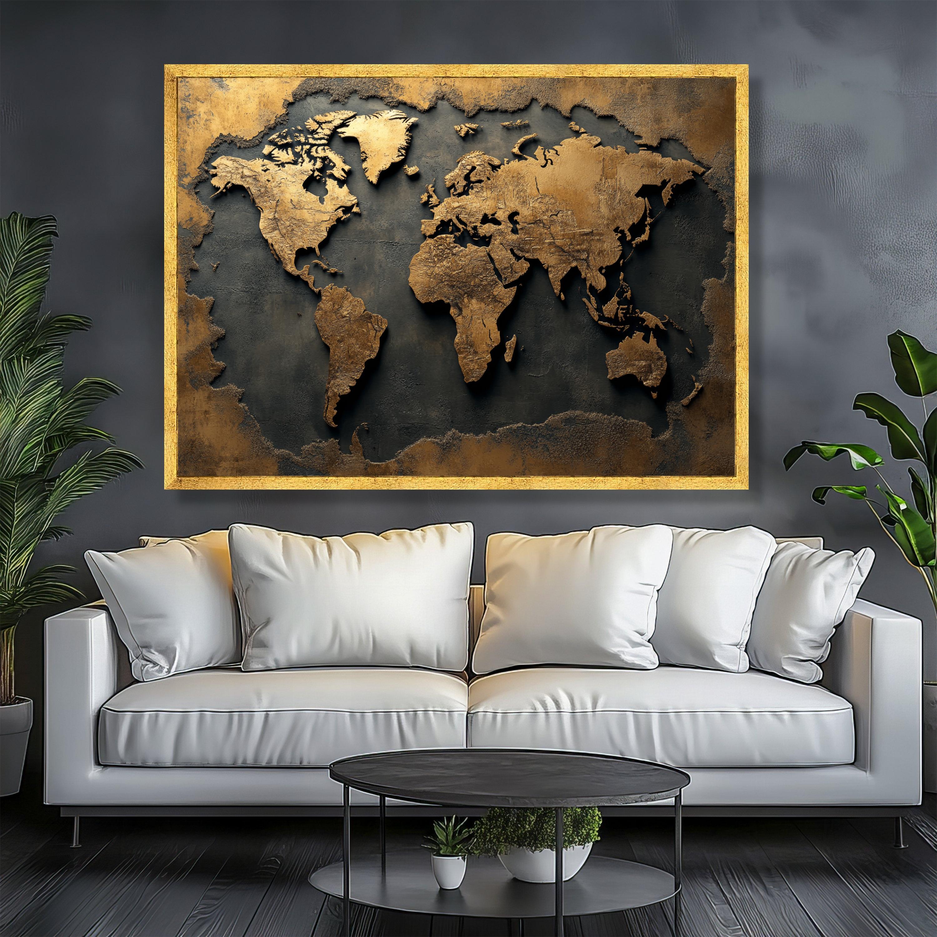 World Map Canvas Painting, Gold and Black Wall Art Print, Modern Travel ...