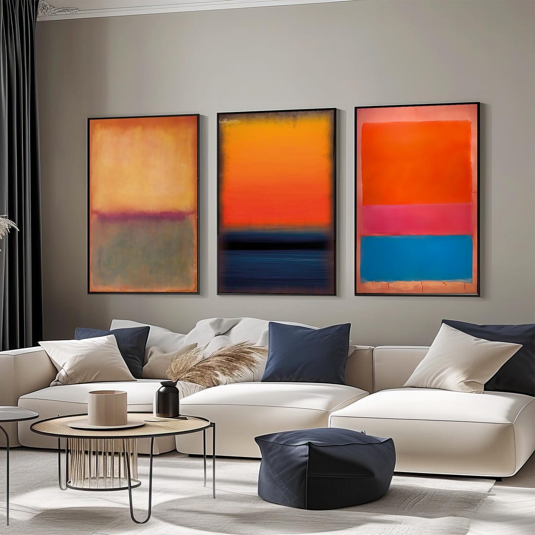 Mark Rothko Interor Design Mark Rothko Trio Set - Vibrant Orange, Pink, and Blue Abstract Canvas ...
