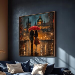 Rainy Night in Prague Canvas Painting - Romantic Art Gift for Couples & Cozy Home Decor