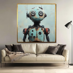 以下が含まれることがあります： 大きな丸い目と肩に赤いスピーカーが付いた青とさび色のロボット。ロボットは薄い青色の背景に立っている。