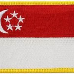 Puede incluir: Parche bordado con la bandera de Singapur. El parche es rectangular con un borde amarillo. Presenta una sección superior roja con una luna creciente blanca y cinco estrellas, y una sección inferior blanca.