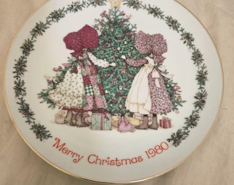 Plato de colección vintage de Holly Hobbie "Feliz Navidad 1980", edición conmemorativa, porcelana japonesa.