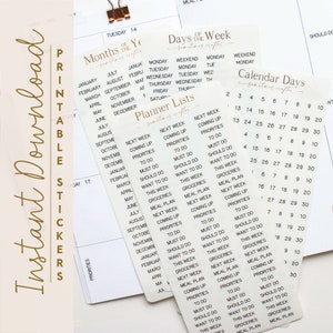 May include: A set of printable planner stickers with a gold and white design. The stickers include monthly calendar pages, days of the week, and planner lists. The planner lists include "Next Week Coming Up Priorities", "To Do", "Must Do", "Should Do", "Want To Do", "This Week", "Groceries", "Meal Plan", and "Next Week Coming Up Priorities".