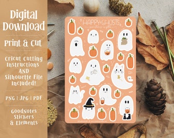 Printable Happy Ghosts Sticker Sheet | Ghost Stickers| Autumn Stickers | Halloween Stickers | Digital Planner Stickers | Goodnotes Stickers