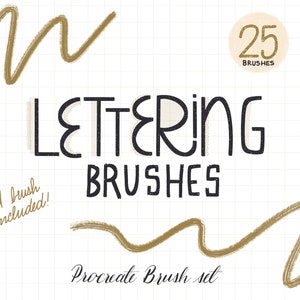 May include: A set of 25 Procreate lettering brushes. The image shows a sample of the brushes used to create the text "LETTERING BRUSHES" and a grid brush included.