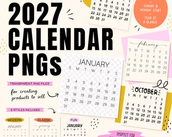 2027 Calendar PNG PDF Set | Sunday and Monday Start | Commercial Use