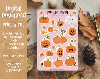 Printable Pumpkin Party Sticker Sheet | Pumpkin Stickers | Halloween Stickers | Digital Planner Stickers | Goodnotes Stickers