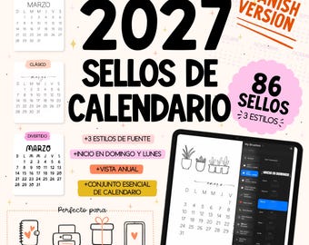 Spanish Version - 2027 Calendario Procreate Brushes - 3 Estilos | Calendar Brush Stamps for Procreate - 3 Styles (Digital Download)
