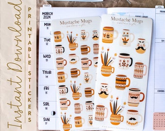 Feuilles d'autocollants pour agenda, mugs moustache imprimables | Stickers pour agenda | Téléchargement instantané | Agenda Bijou Bullet Journal | Stickers tasses à café