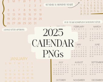 2025 Calendar PNG Set | Sunday and Monday Start | Planner Set | Commercial Use