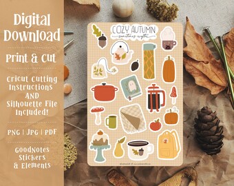 Printable Cozy Autumn Sticker Sheet | Autumn Stickers| Fall Stickers | Planner Stickers | Digital Stickers | Goodnotes Stickers