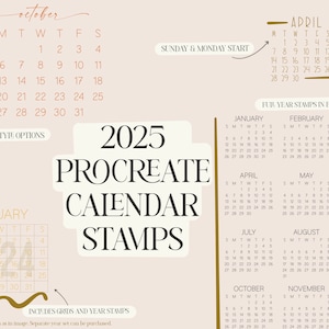 2025 Calendar Brush Stamp Set for Procreate | Sunday and Monday Start | Planner Set | Commercial Use