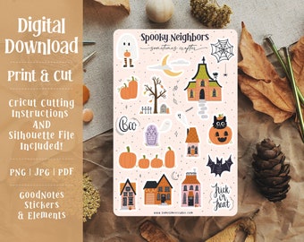 Printable Spooky Neighbors Sticker Sheet | Spooky Stickers | Halloween Stickers | Digital Planner Stickers | Goodnotes Stickers