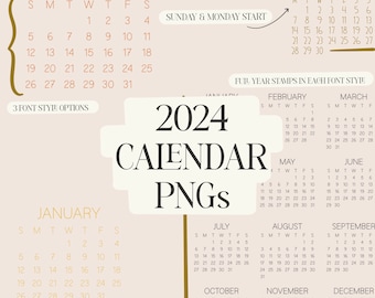 2024 Calendar PNG Set | Sunday and Monday Start | Planner Set | Commercial Use