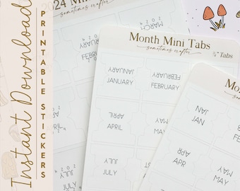 Printable 2024 Modern Mini Monthly Tabs | 2024 Mini Minimalist Tab Sticker Sheet | Planner Bijou Bullet Journal