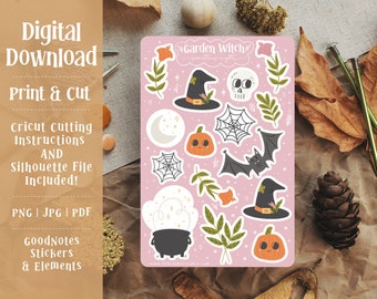 Printable Garden Witch Sticker Sheet | Garden Stickers| Witch Stickers | Halloween Stickers | Digital Planner Stickers | Goodnotes Stickers