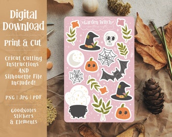 Garden Witch Sticker Sheet: Halloween Planner Stickers (Digital Download)
