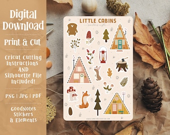 Printable Little Cabins Sticker Sheet | Autumn Stickers | Cabin Stickers | Digital Planner Stickers | Goodnotes Stickers