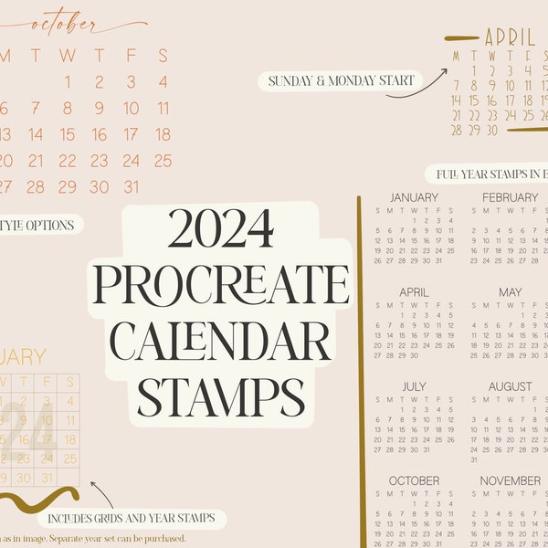 2024 Calendar Brush Stamp Set for Procreate | Sunday and Monday Start | Planner Set | Commercial Use