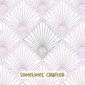 Puede incluir: Un patrón geométrico en blanco y negro con un diseño repetitivo de rayos de sol en forma de diamantes. El texto "sometimes crafter" está escrito en dorado en la parte inferior de la imagen.