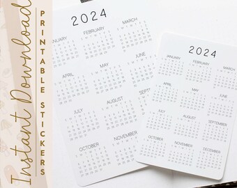 Printable 2024 Modern Minimalist Year At A Glance Calendar | 2024 Calendar Sticker Sheet | 5x7 4x6 3x4.5 2x3 | Planner Bijou Bullet Journal